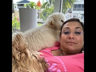 Snuggles in the sunroom with LilBit and Sadie. Sadie and LilBit loved to watch the boats go by in the canal.