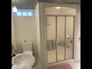 Basement bathroom with shower and Mr Man's cat litter tucked outside the photo range (for privacy ;)