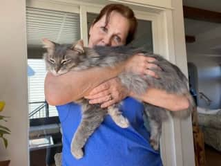 Me holding Maxx in kitchen. He loves snuggles