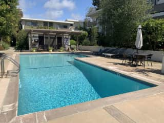 The beautiful, heated, saltwater pool- just steps outside our front door.