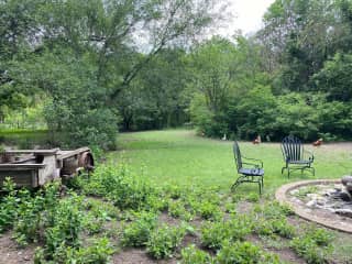 firepit with old timey horse wagon