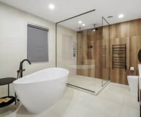 Large ensuite wc with jacuzzi tub; large modern shower; bidet toilet; heated floors