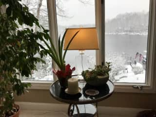 View of lake in snow storm