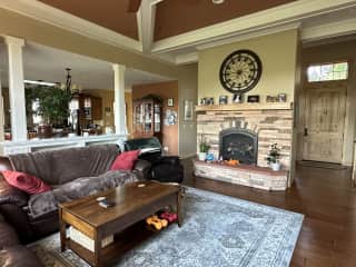 Upstairs living room, fireplace.