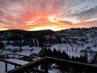 Winter sunset view across the golf course