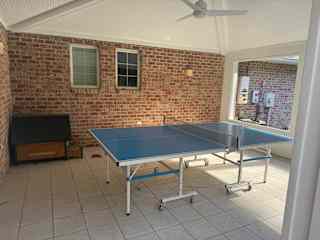 Sunroom with doghouse and ping pong table