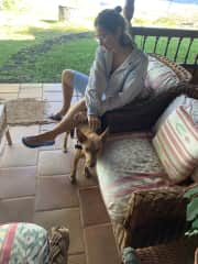 Camille with the dog of Selina's aunt on El Hierro, Canary Islands.