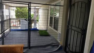 Joy’s outside area on the front patio with the automatic doggie door and a small grass area.