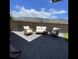 We like to sit here with the fire pit and enjoy some wine with the pups.