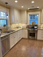 Kitchen with gas range.