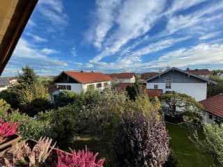 View from the attic apartment balcony. On clear days, you can see the Alps ahead.