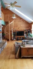 Living room with spiral staircase