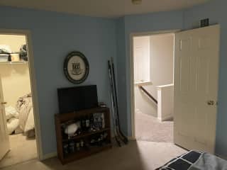 this is looking out from extra bedroom bed- walk in closet on the left and access to a tv