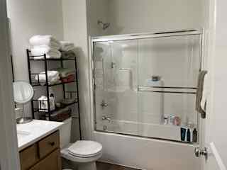 Full bath in the lower level next to the bedroom.