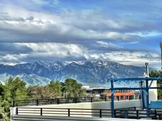 East facing views of the mountains from our rooftop deck. Looking towards the ski resorts in little and big cottonwood canyon.