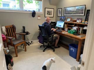 Home office upstairs (don't mind the human)
