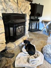 The home is heated with a propane stove. This is where Sheilah likes to hang out in the colder months