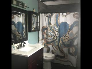 Downstairs bathroom with shower and deep soaking tub