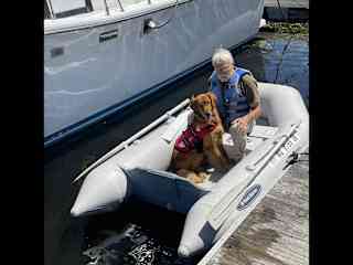 Lives on our boat in the summer.  But not fond swimming.