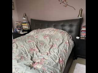 Bedroom with queen size bed and adjoining bathroom; walk-in closet where we will clear a space for your things.