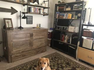 This is the credenza that holds your bed - which is amazingly comfortable and will be made up for you.  It also serves as an office when needed and you can tell we like books.