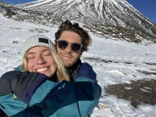 Us trekking the tongariro crossing in NZ through the snow in 2021 ⛄️