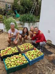 Apple harvest from our two apple trees!! Our son Mark and granddaughters Frankie and Lilia helped with the harvest.