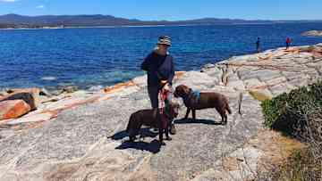 Chester & Scarlett with ‘Mum’ at Binalong Bay on the east coast of Tasmania.