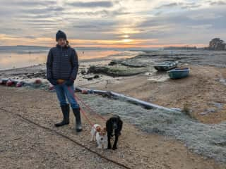 Nick with Rosie the Cocker Spaniel and Plum the Jack Russell on a beautiful sunrise walk. We love a frosty winter morning walk.