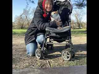 With , Sally, in her buggy, when she couldn’t walk very far but still enjoyed going out !