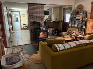 living room with woodstove