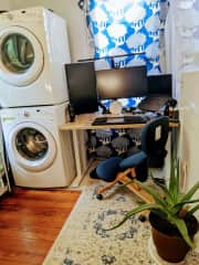 Laundry room and home office, with 2nd fully ergonomic sit/stand workstation and dual-monitor setup.