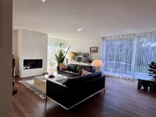 Downstairs living room with fireplace