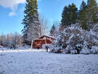 barn. we don't use it much. we also have a swing set and climbing toy.