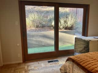 Banjos bathroom area outside of the main bedroom. She sleeps throughout the night in her crate next to our bed.