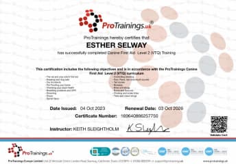 Esther has a L2 Certificate in Canine First Aid.