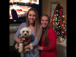 Max our family dog, my sister and I at Christmas a few years ago!