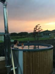 The hot tub is wood fired