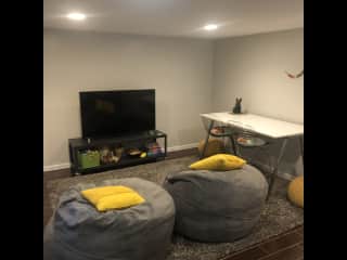 Fully finished basement is great for movie nights on the plush bean bags! Work table for crafts or activities.