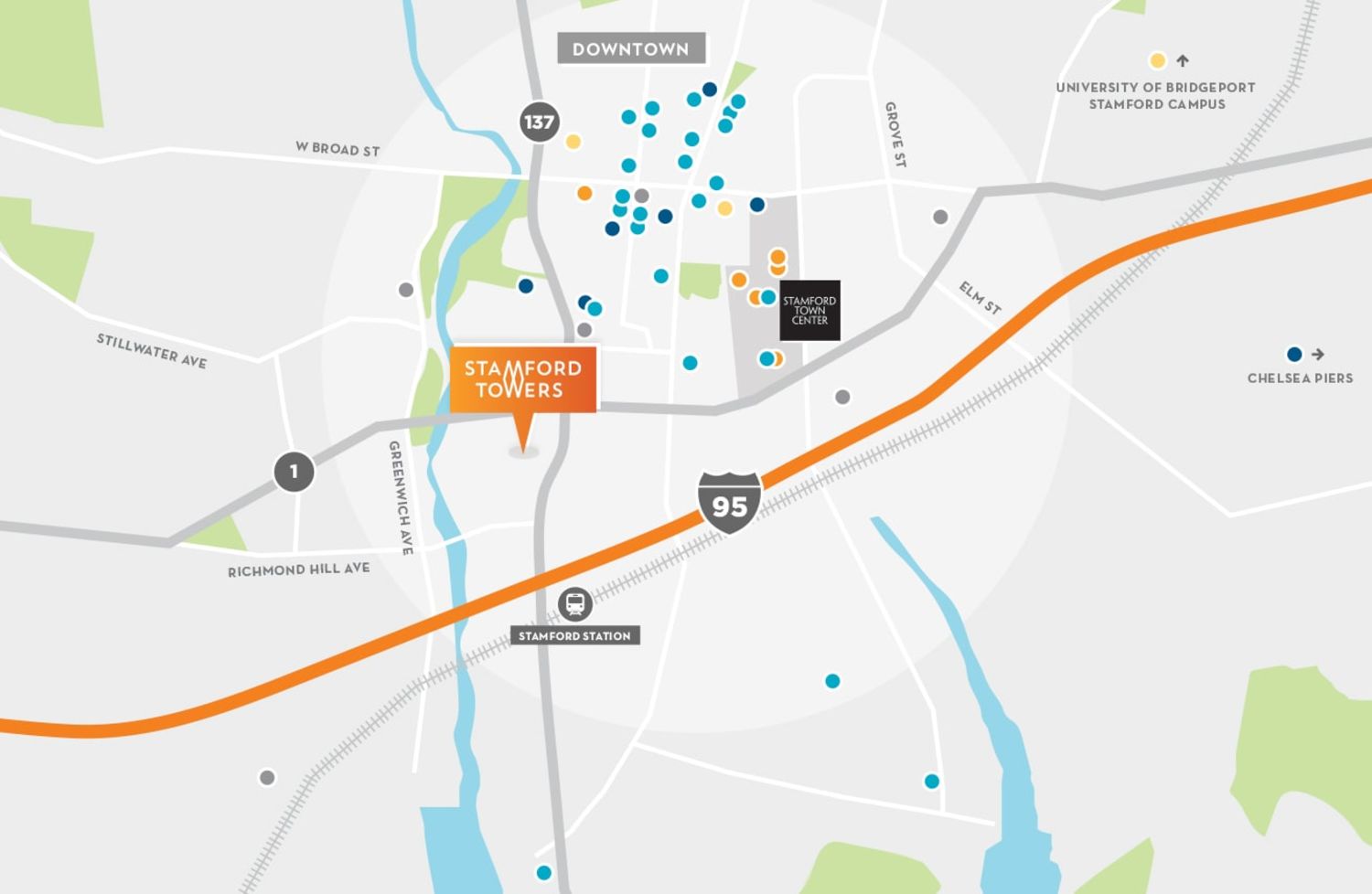 <h1><span class="text-size-header-32">NEARBY AMENITIES</span></h1> at Stamford Towers - 680 Washington Boulevard