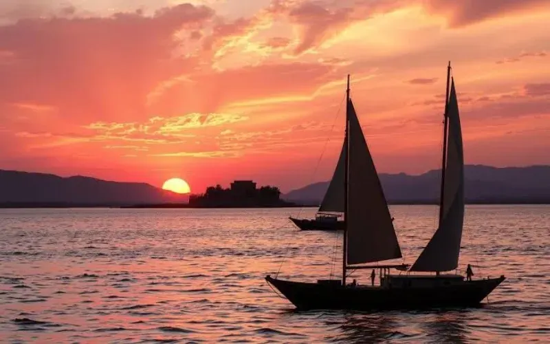 Sunset over the First Cataract Aswan — return felucca journey from Soheil Island