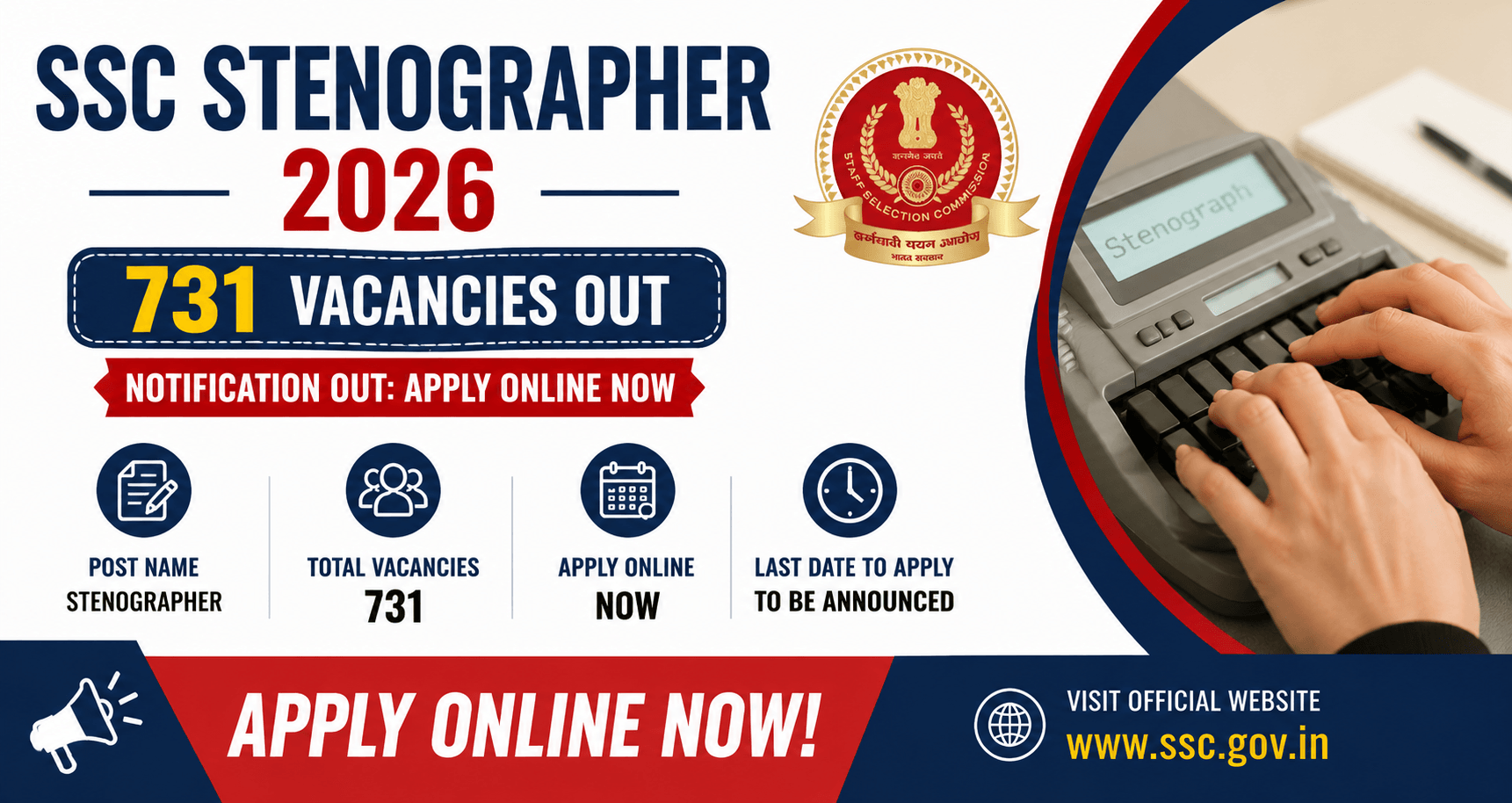 SSC Stenographer Recruitment 2026 731 Vacancies, Apply Now
