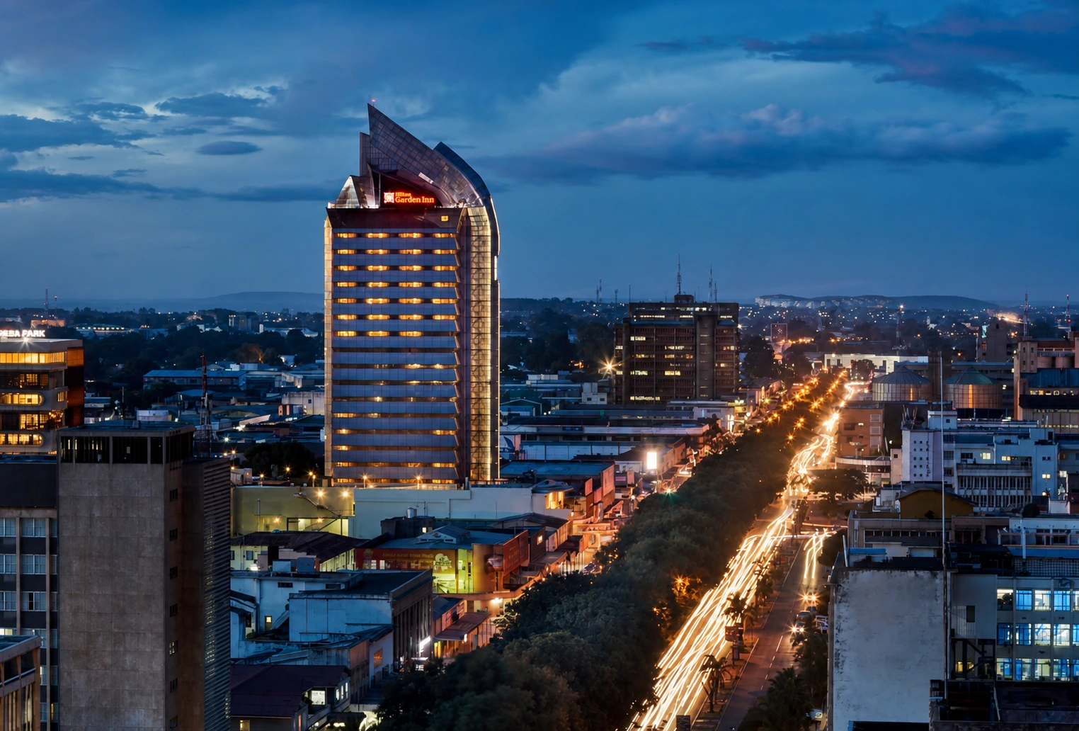 Lusaka city centre illuminated at blue hour