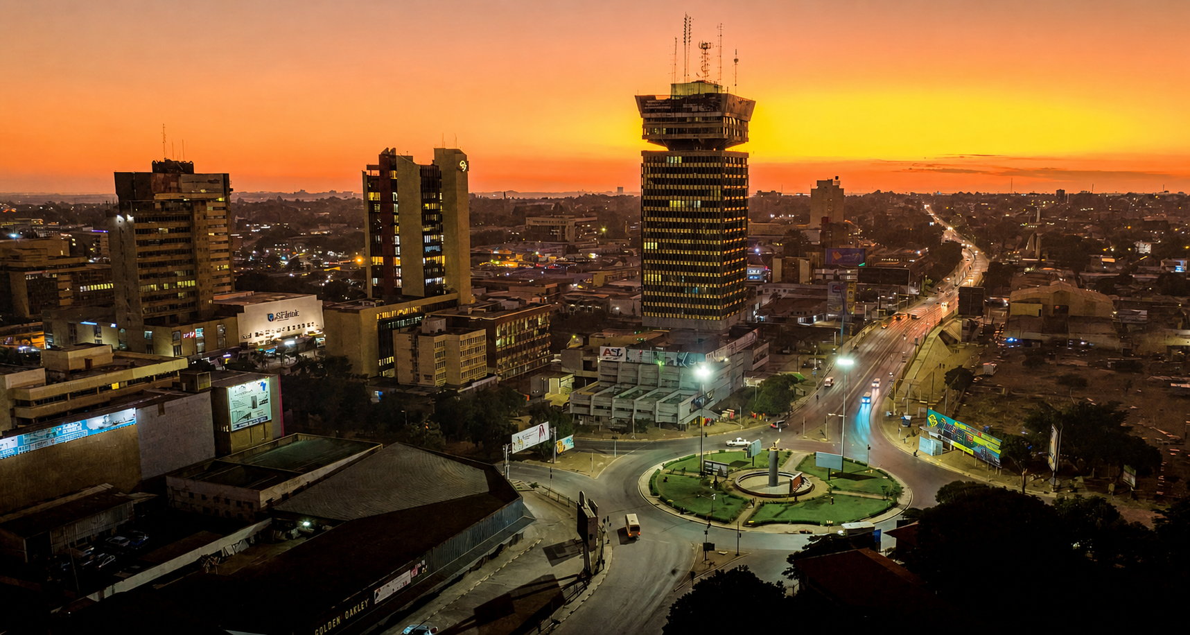 Lusaka city centre and Cairo Road at sunset