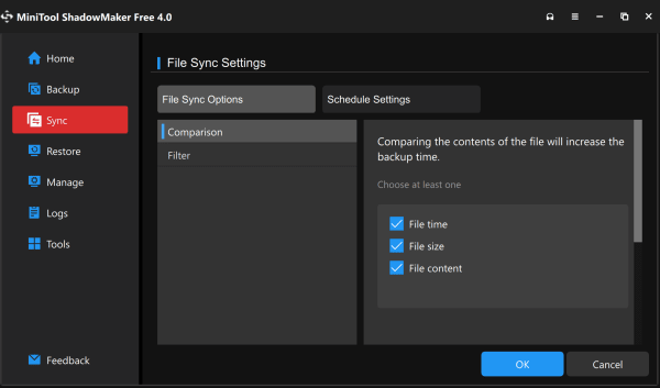 Optionsの「File Sync Options」内の「Comparison」設定