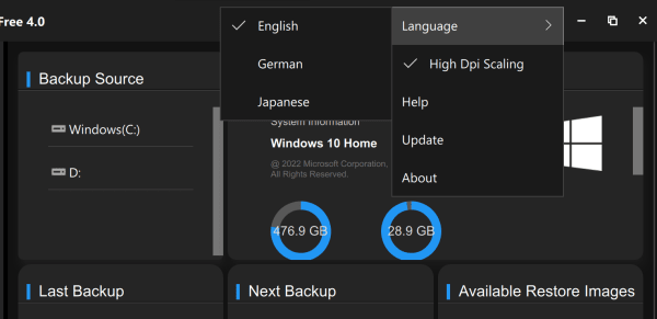 ウィンドウの右上のハンバーガーメニューから、「Language」→「English」にチェックが入っている