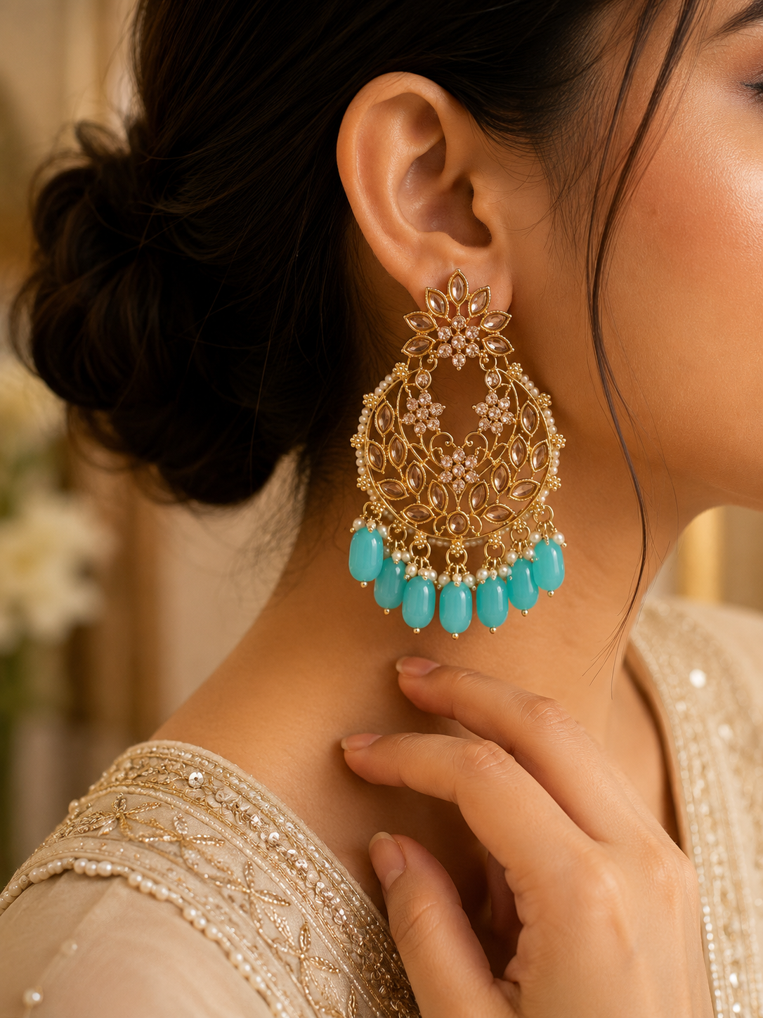 Aqua Noor- Statement Chandbali Earrings