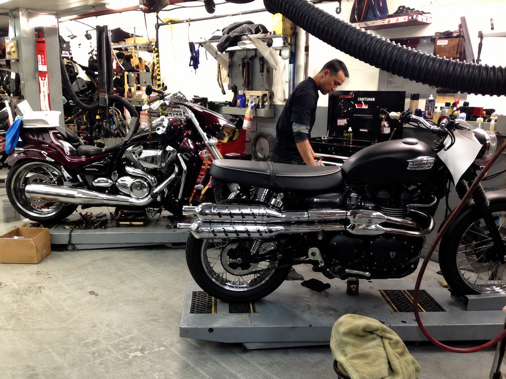 Motorcycle undergoing dynamometer testing at Cycle Therapy NYC