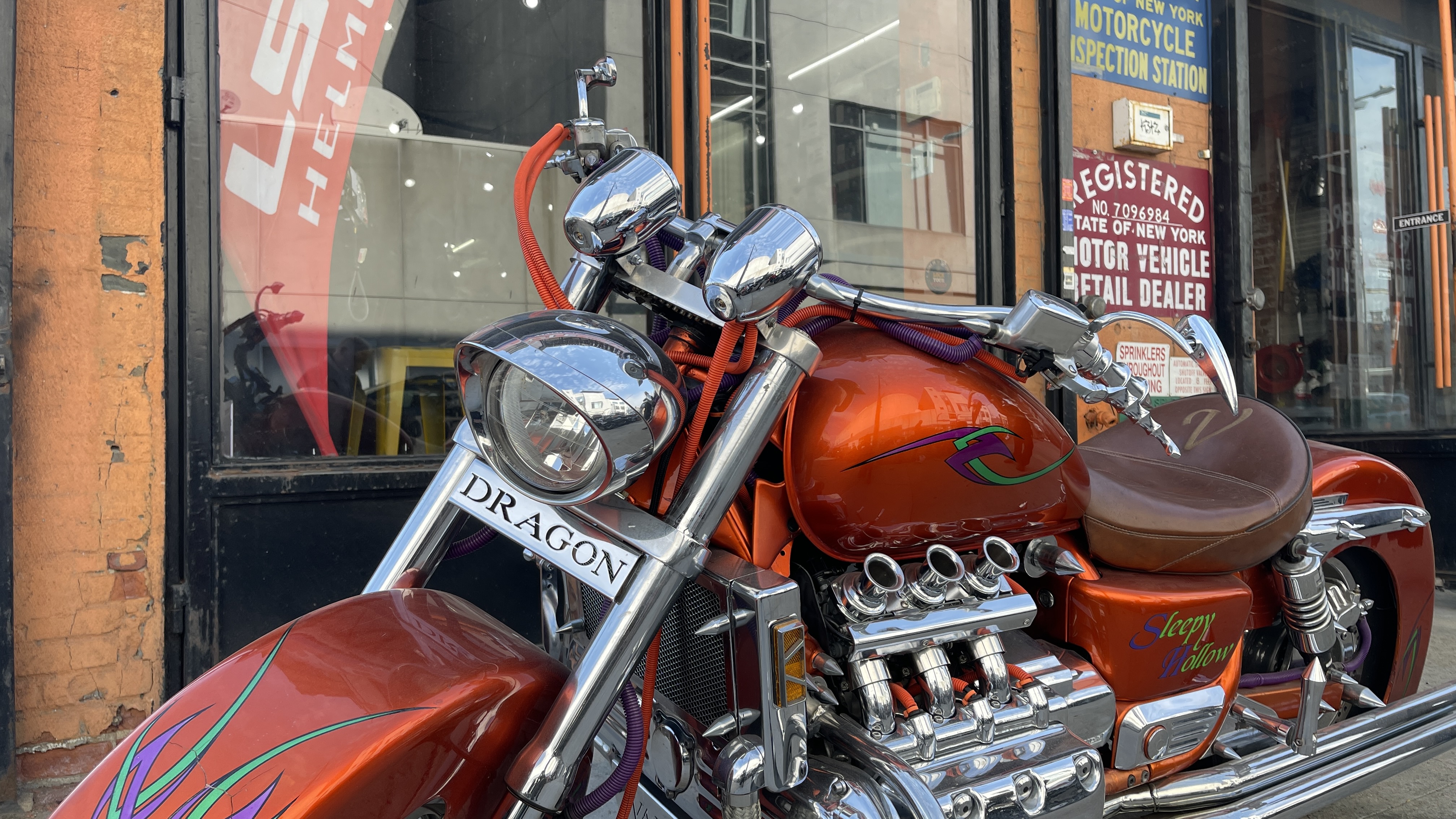 Motorcycles parked outside the Cycle Therapy NYC storefront