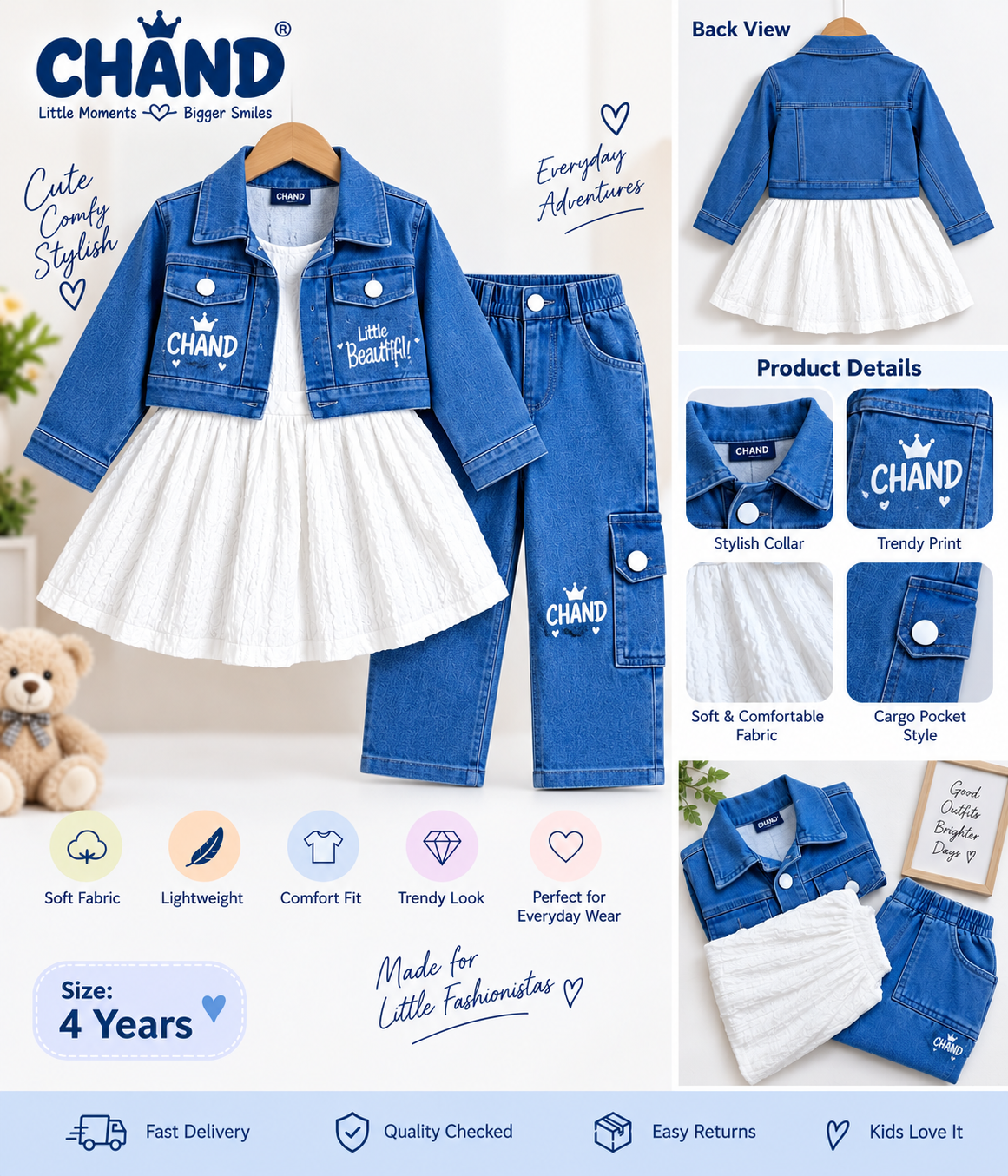 CHAND Girls' Denim Jacket, Textured White Dress & Cargo Pants Set